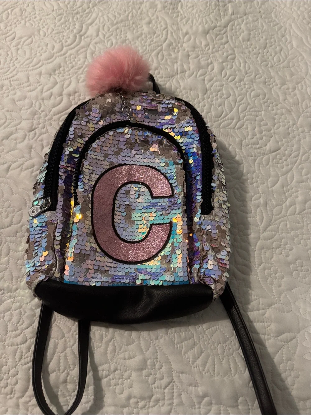 Justice Silver Sequin Backpack with Pink 'C' and Pink Pom